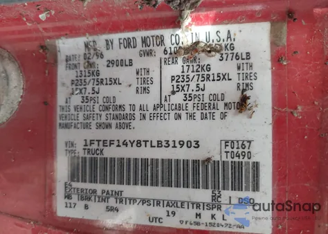 1996 Ford F150 z USA, uszkodzony, nr VIN 1FTEF14Y8TLB31903